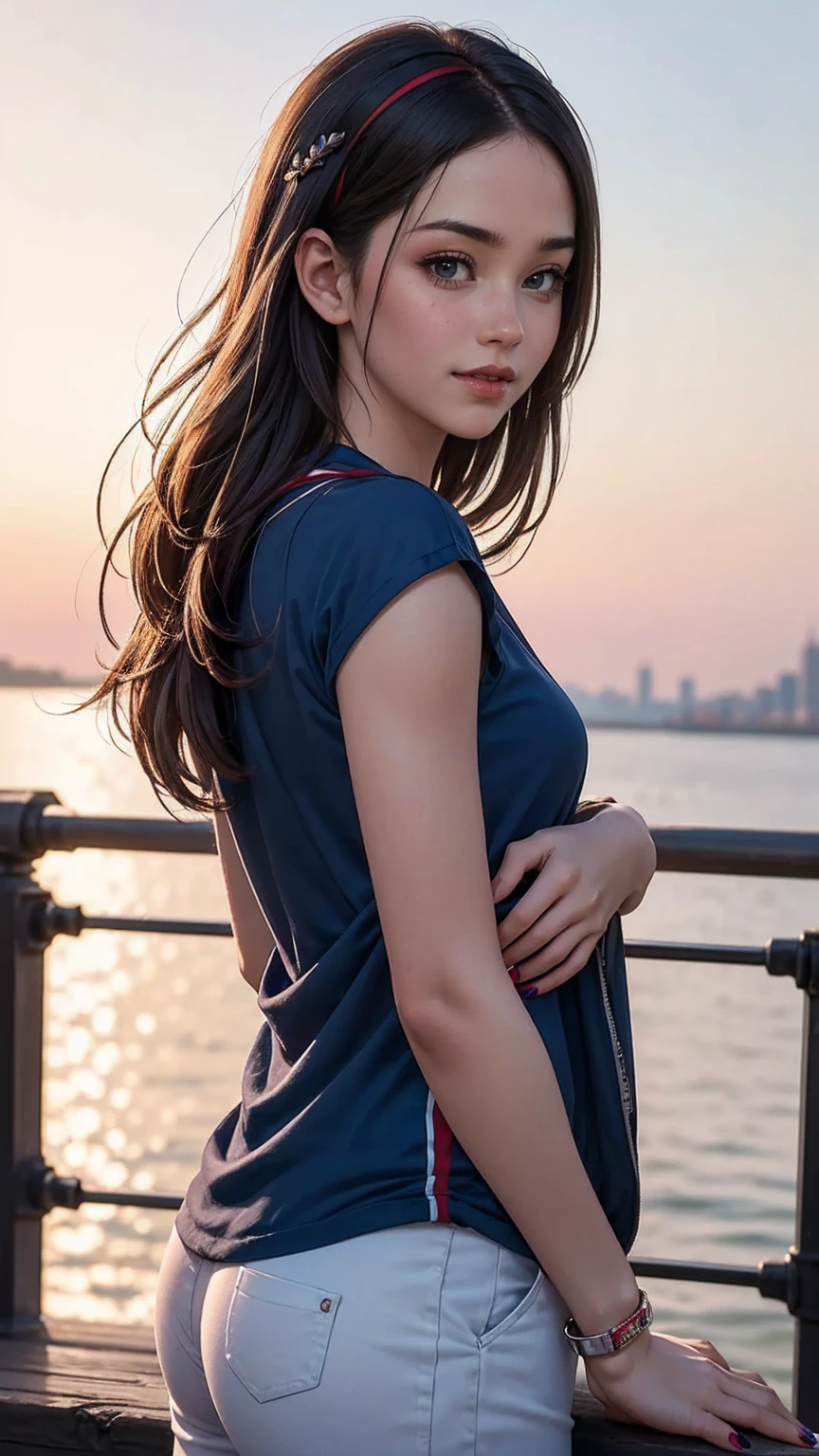 ((最high quality, 8K, masterpiece: 1.3, Ultra HD, high quality, 最high quality, High resolution, realism)) 、(high color saturation:1.0), (highly detailed skin), (最high quality:1.0), (超High resolution:1.0) ,(realistic:1.0), (Super detailed:1.0), (8K, Raw photo:1.1), slender、Slender, muscular body that's toned like an athlete's、I don't want my head to disappear from the screen.、Accessorize your wrist、Wearing red nail polish、I have a peticure、cinematic lighting, sparkle 、25 year old white woman、platinum blonde、long hair、blue eyes、hair above one eye、smile、I'm on Liberty Island、Liberty goddess background、smile showing teeth((grin ))