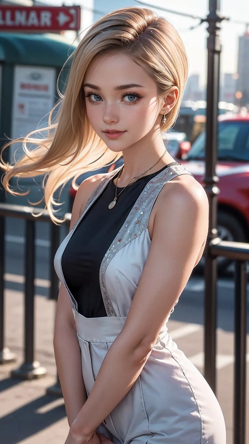 ((最high quality, 8K, masterpiece: 1.3, Ultra HD, high quality, 最high quality, High resolution, realism)) 、(high color saturation:1.0), (highly detailed skin), (最high quality:1.0), (超High resolution:1.0) ,(realistic:1.0), (Super detailed:1.0), (8K, Raw photo:1.1), slender、Slender, muscular body that's toned like an athlete's、I don't want my head to disappear from the screen.、Accessorize your wrist、Wearing red nail polish、I have a peticure、cinematic lighting, sparkle 、25 year old white woman、platinum blonde、long hair、blue eyes、hair above one eye、smile、I'm on Liberty Island、Liberty goddess background、smile showing teeth((grin ))