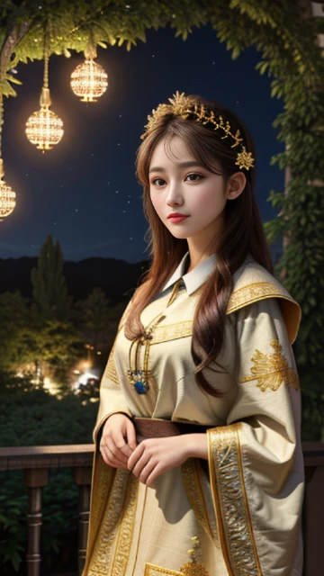 (8k, masterpiece, best quality), ultra-detailed, detailed beautiful round eyes, beautifully detailed face, high quality, high resolution, 1 girl, medium breast, (Devine cloth:1.5), nighttime, night garden background