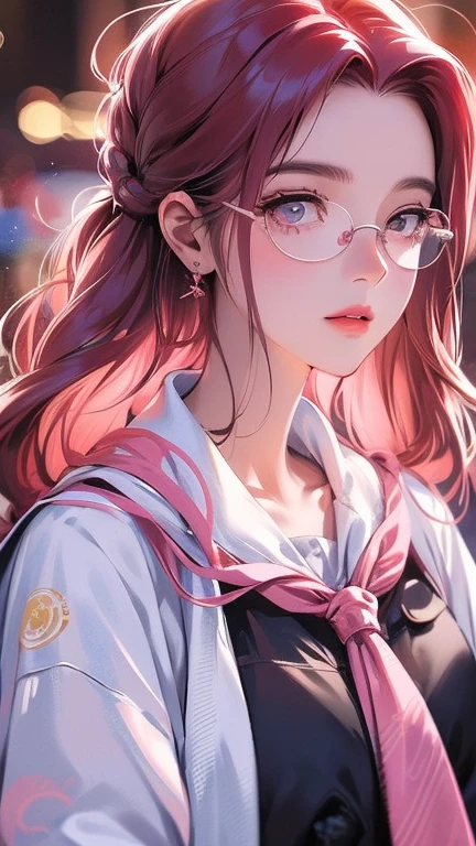Close-up of a woman with rosa hair wearing glasses, obra de arte en estilo retrato realista kawaii, inspirado en Seihiko-kun, glowing rosa face, rosa girl, hermoso retrato animado, rosa glasses, glowing rosa eye