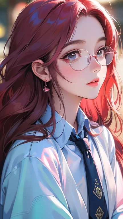 Close-up of a woman with rosa hair wearing glasses, obra de arte en estilo retrato realista kawaii, inspirado en Seihiko-kun, glowing rosa face, rosa girl, hermoso retrato animado, rosa glasses, glowing rosa eye