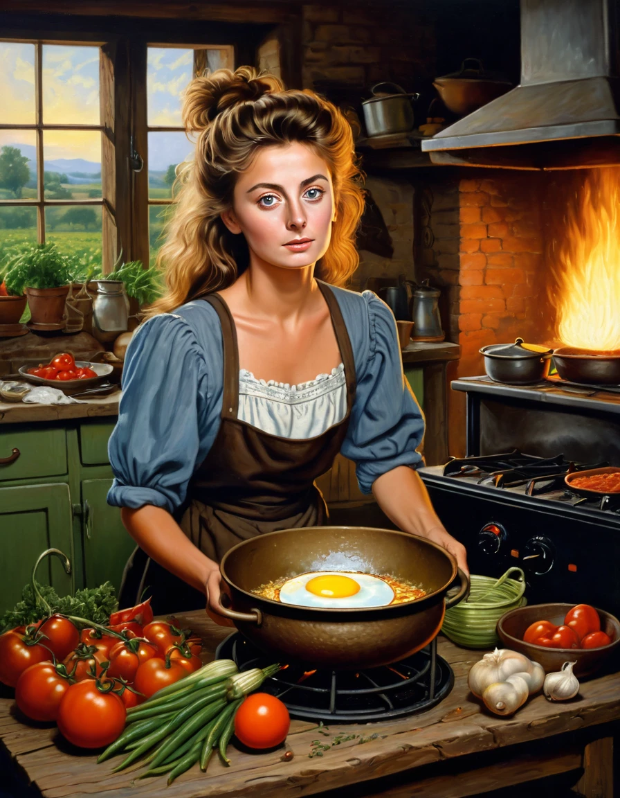 create a picture of a 20 yo beautiful 1980's [woman:Maude Adams:0.1] with content face expression, iconic 1980's hair style, detailed face, cooking a fried egg on top of an electric stove in a mediocre working class 1980's Kitchen, insanely detailed and intricate, photo realistic oil on canvas painting, cinematic lighting, with an old iron cauldron hanging over the fire, wearing worn and practical clothes for cooking, with the firelight reflecting in her eyes, a wooden table with ingredients nearby, and some vegetables in a wicker basket