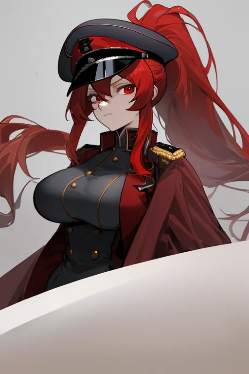 High resolution，Masterpiece 1.4，super beautiful，8 life size，Second World War，Wearing German military uniform，red eyes，red long hair，ponytail，big breasts，clear eyes，High resolution，Masterpiece 1.4，super beautiful，Wearing a military cap，body hidden by clothes，long coat，8 life size，get closer to the camera，red eyes，red long hair，ponytail，big breasts，Crazy Smile，battlefield background