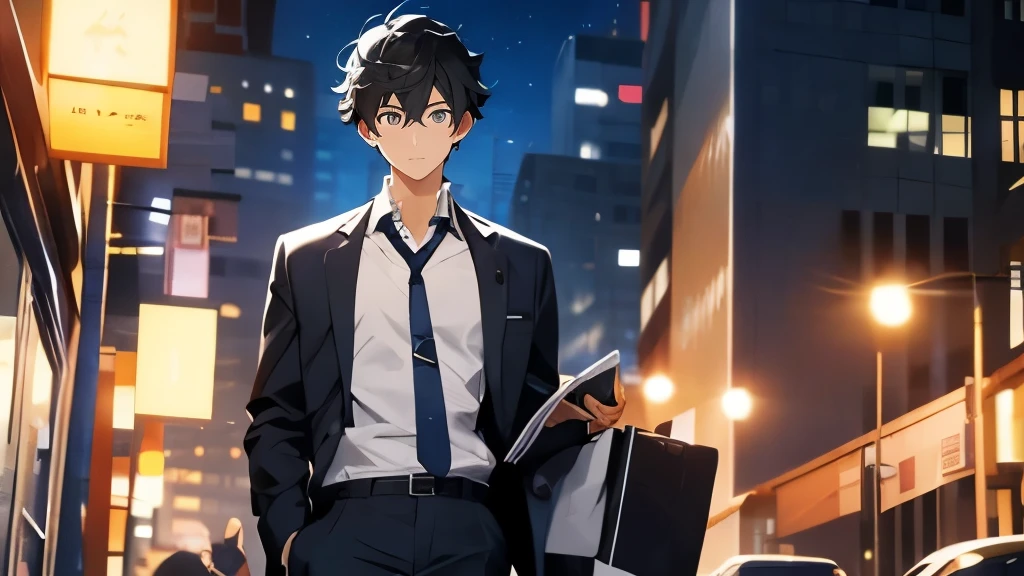24-year-old office worker、Hair is black、He is tall、eyes are big、Eyes are black、suit figure、Refreshing、Handsome guy、night、walking