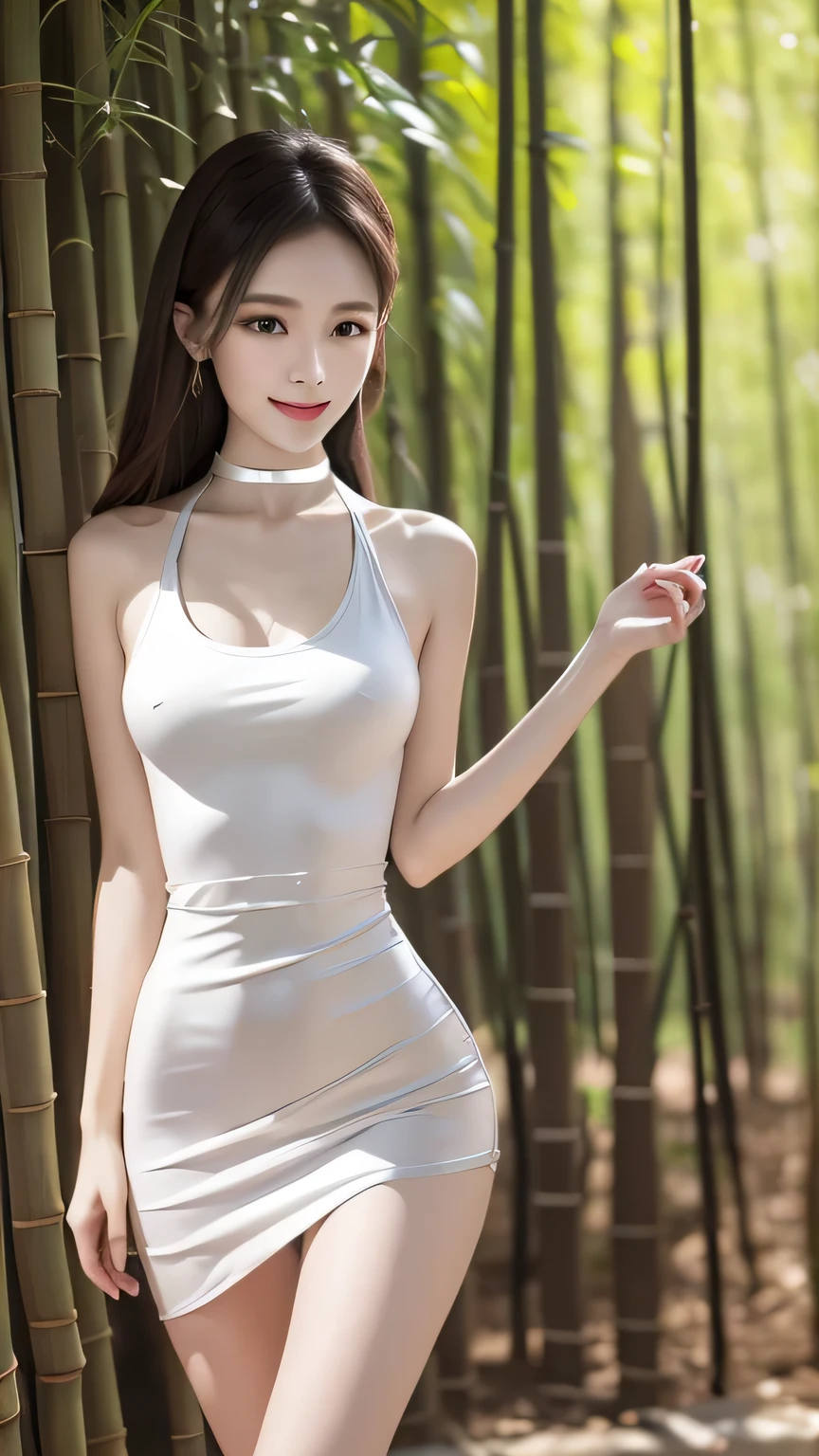 lady 1people,(full body figure:1.2),(nine heads and bodies:2.0), small butt,(thin thighs),(long and thin legs: 2.0),(Knees Stretch:2.0),stand with legs closed,(height 2/3 is the leg:2.0), (silver pumps:1.2), (Tight casual dress made of silver silk :1.3), white choker, 25 years old, cute sexy little face, light red lips, parted lips, sexy face, sexy young woman, Beautiful smile, Medium chest, slender body shape, tight waist, beautiful hands, thin shoulders, look at the audience, standing position, bamboo forest morning