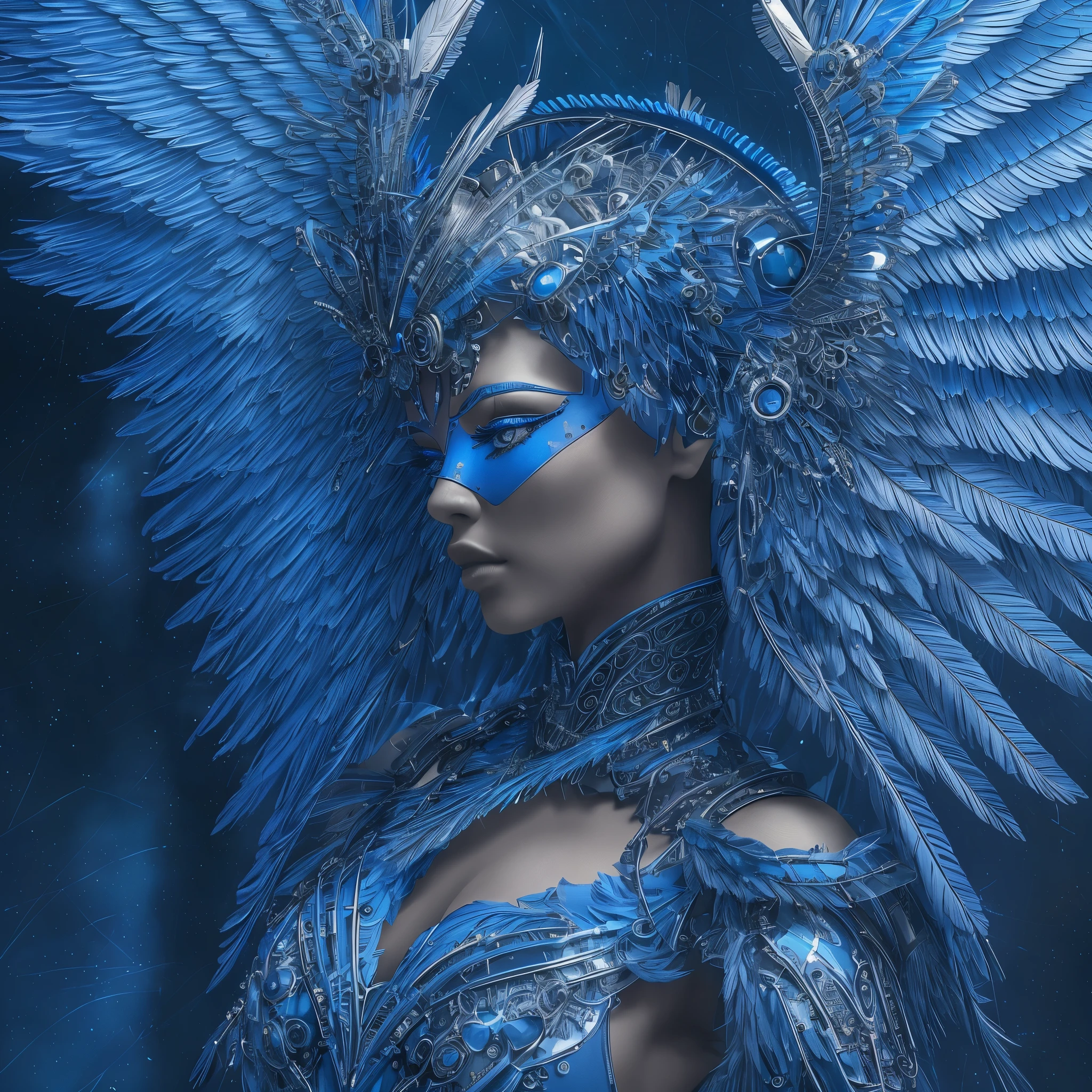 Close-up of a woman in a blue dress with wings, full body angel, futuristic robot angel, amazing angel wings, angel knight gothic girl, angel in plastic armor, intricate costume designs, As a mysterious Valkyrie, The whole body is made of blue feathers,, futuristic and fantastic, Blue wings, beautiful angel wings, steampunk angel, beautiful cyborg angel girl, graceful wings