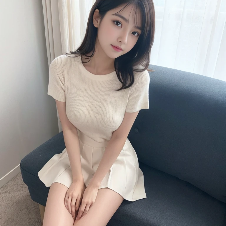 debris flies、highest quality、super fine、Understood、High resolution、8k wallpaper、perfect dynamic composition、(((Full body Esbian)))、((from below))、20 year old cute girl、detailed beautiful face、delicate and cute eyes、fine-textured skin、My cheeks turned red、(wavy black hair)、thin legs、Please generate at the eaves、Take a selfie with your phone、room、Wearing short-sleeved knitwear、wear a skirt、white background、I can see your pants、panty shot