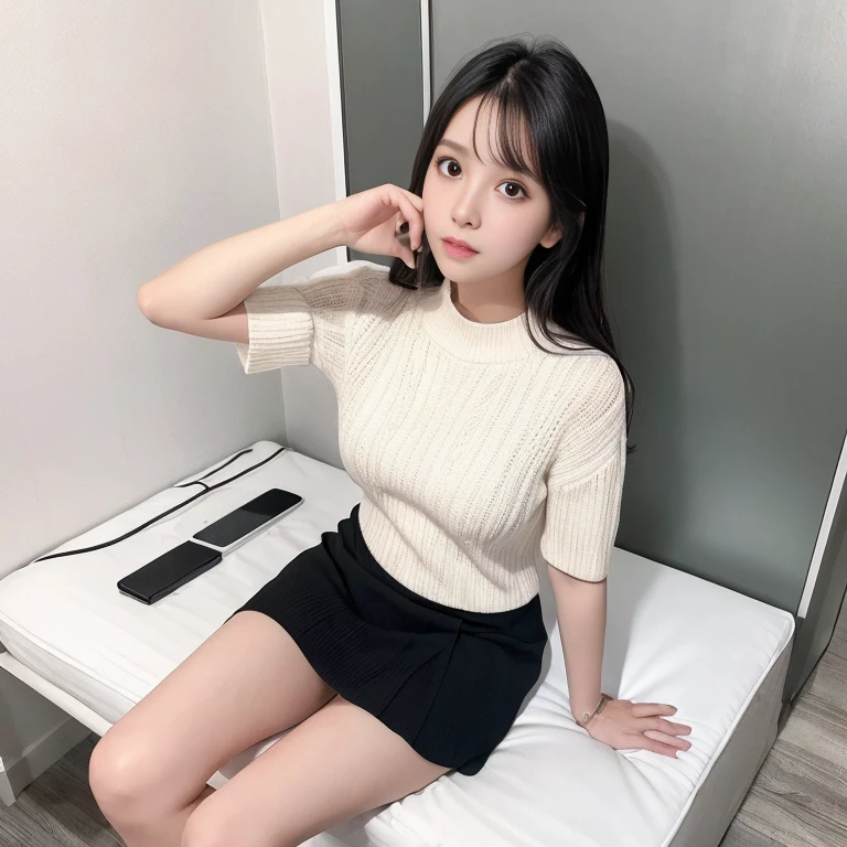 debris flies、highest quality、super fine、Understood、High resolution、8k wallpaper、perfect dynamic composition、(((Full body Esbian)))、((from below))、20 year old cute girl、detailed beautiful face、delicate and cute eyes、fine-textured skin、My cheeks turned red、(wavy black hair)、thin legs、Please generate at the eaves、Take a selfie with your phone、room、Wearing short-sleeved knitwear、wear a skirt、white background、I can see your pants、panty shot