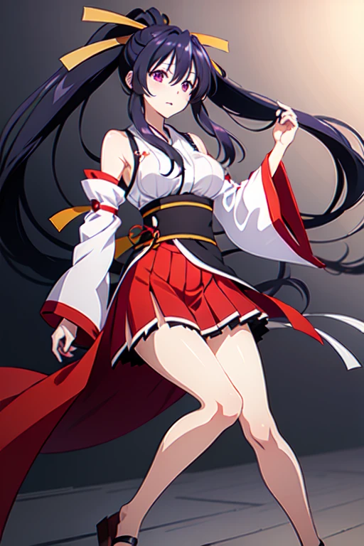 Akane, 1 girl, alone, long hair, skirt, big breasts, black hair, ribbon, very long hair, purple eyes, hair ribbon, ponytail, removed sleeve, kimono, Similarly, Similarly skirt, Miko, or, red Similarly, masterpiece, 