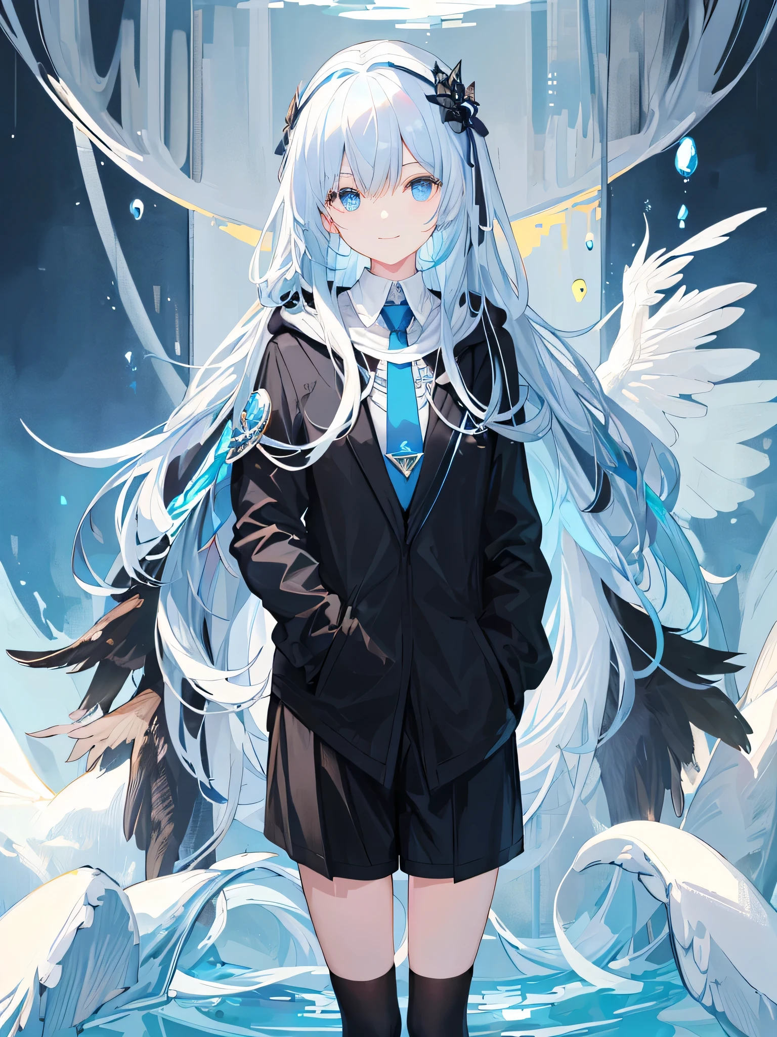 ((top quality)), ((Masterpiece)), ((Super detailed)), (extremely delicate and beautiful), Girls, solo, cold attitude,((black jacket)),She is very(Relax)and(settle down)It seems,A black-haired one, depth of field,smile,bubble, under water, bubble,bright light blue eyes,Internal color is light white hairs with light blue tips,cold background,Bob Hair - Linear Art, shorts、knee socks、white likes 、Light blue ribbon tie、clothes are transparent、hands in pockets、Eyes as bright as sapphires,Fluorescent blue, There is a little blue light floating around、Upper eyes、