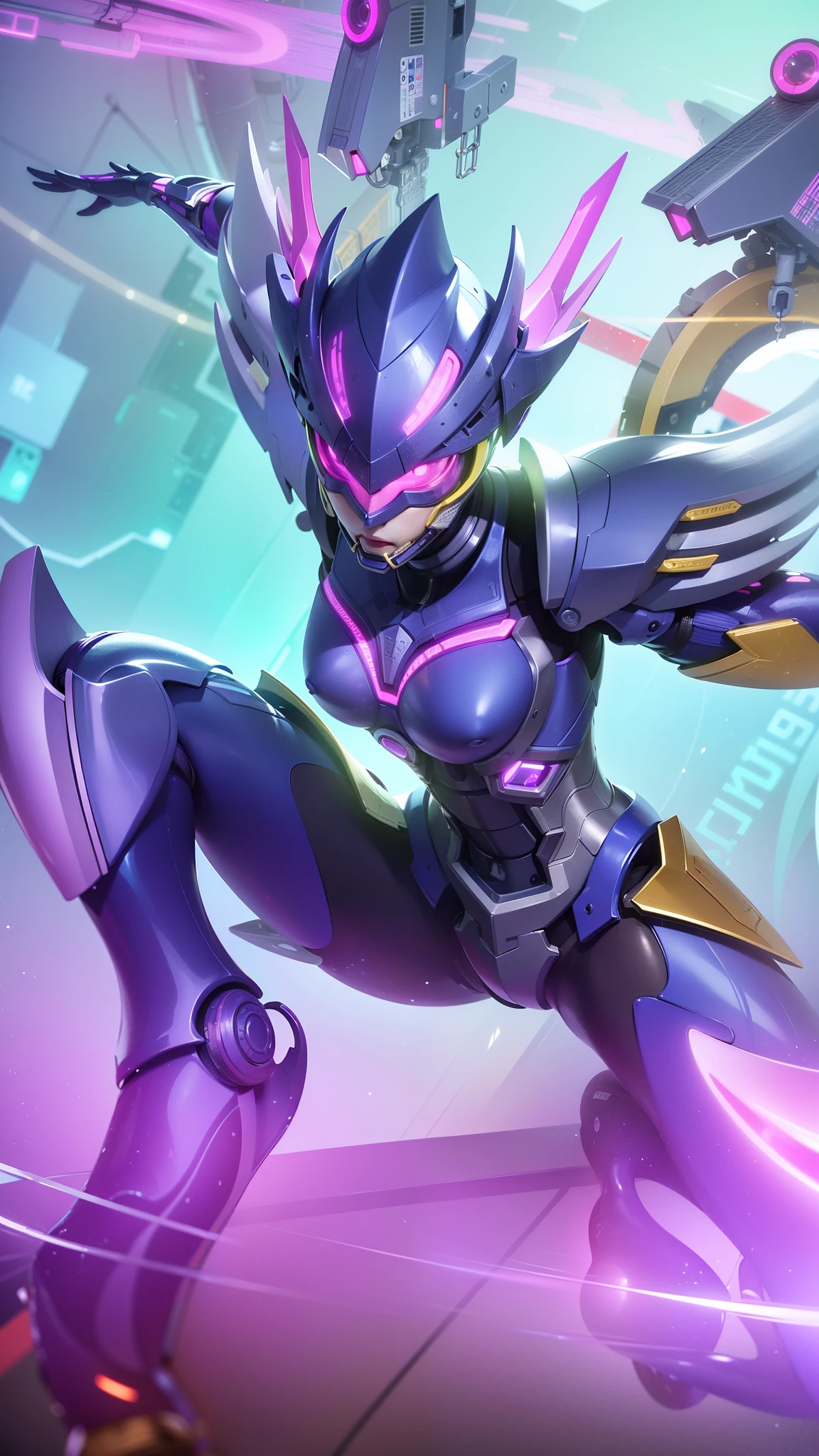 a close up woman of a robot with a purple and yellow costume, 8k, ultra hd, ultra detailed texture, hyper realistic, masterpiece, detailed texture, detailed face, detailed skin, detailed lighting, (photorealistic:1.5), best quality, beautiful lighting, cinematic lighting, professional lighting, ultra highres, realistic, detailed hair, real hair, high quality, (realskin:1.5), extremely detailed, finely detail, ultra-detailed.