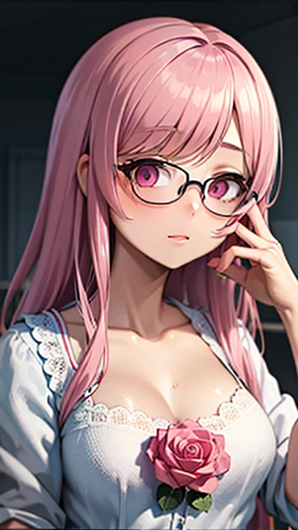 Close-up of a woman with rosa hair wearing glasses, obra de arte en estilo retrato realista kawaii, inspirado en Seihiko-kun, glowing rosa face, rosa girl, hermoso retrato animado, rosa glasses, glowing rosa eye