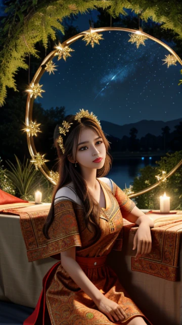 (8k, masterpiece, best quality), ultra-detailed, detailed beautiful round eyes, beautifully detailed face, high quality, high resolution, 1 girl, medium breast, (Devine cloth:1.5), nighttime, night garden background