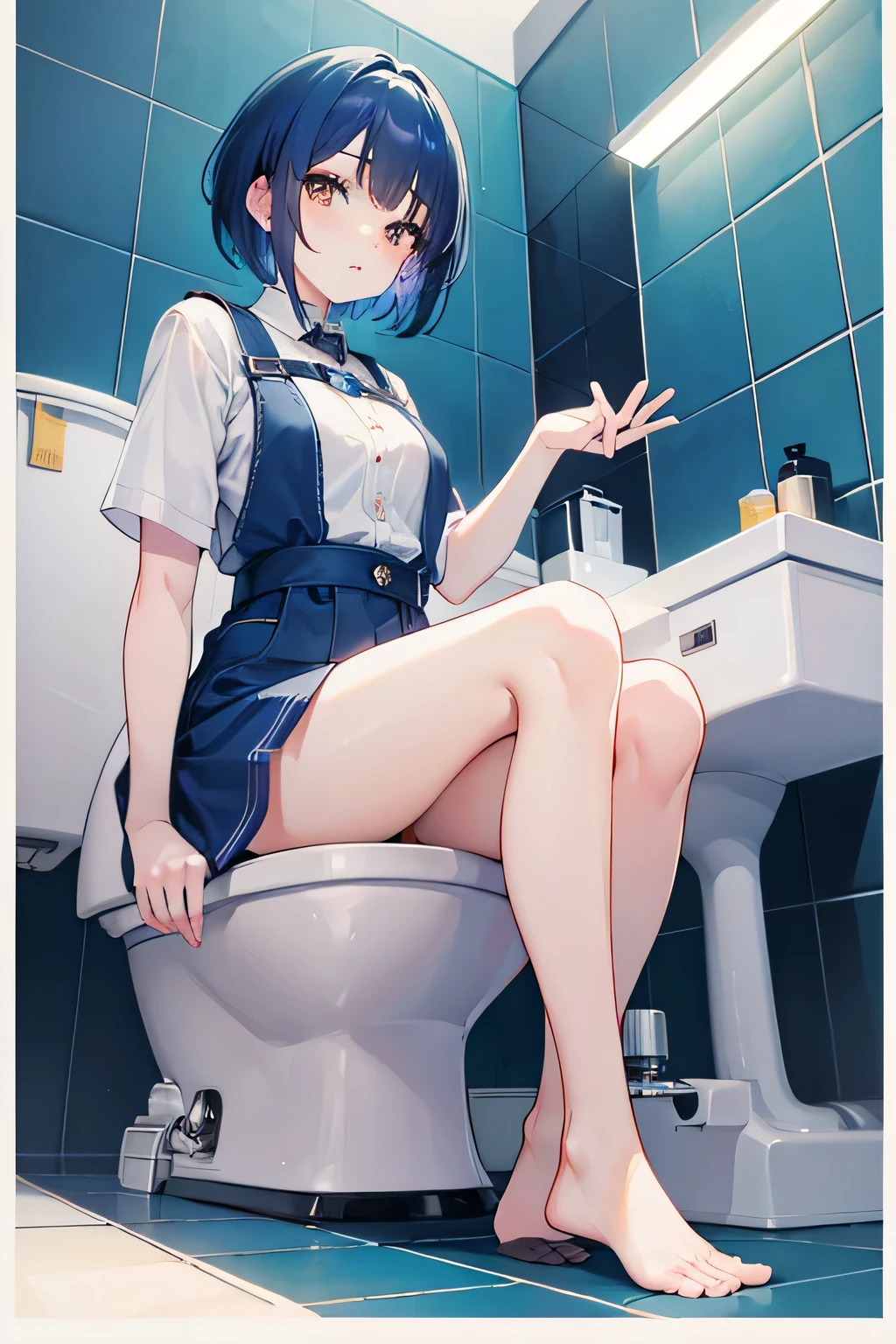 masterpiece, highest quality, High resolution, brown eyes、short hair,blue hair, white skin、thick legs、toilet、pee、