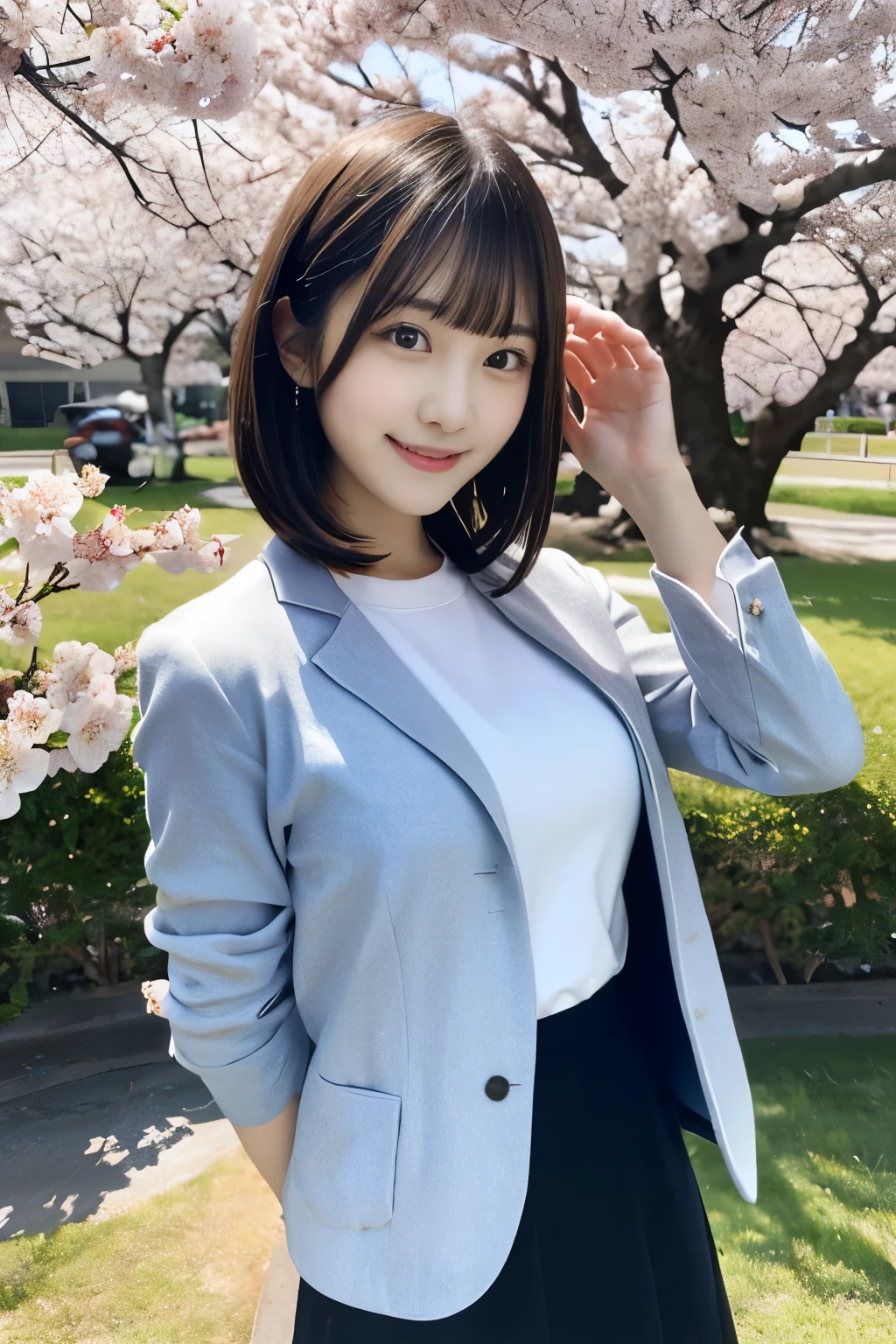 (Close-up of a short-haired girl with a slender  and blunt bangs in a jacket and shirt:1.5)、(dance with a smile、girl with hair fluttering in the wind :1.5)、(Blue sky and cherry blossoms in full bloom:1.5)、(perfect anatomy:1.3)、(no mask:1.3)、(full finger:1.3)、realistic、photo shoot、table top、highest quality、High resolution, delicate and beautiful、perfect face、detailed and beautiful eyes、Fair skin、real human skin、((thin legs))、(black hair)