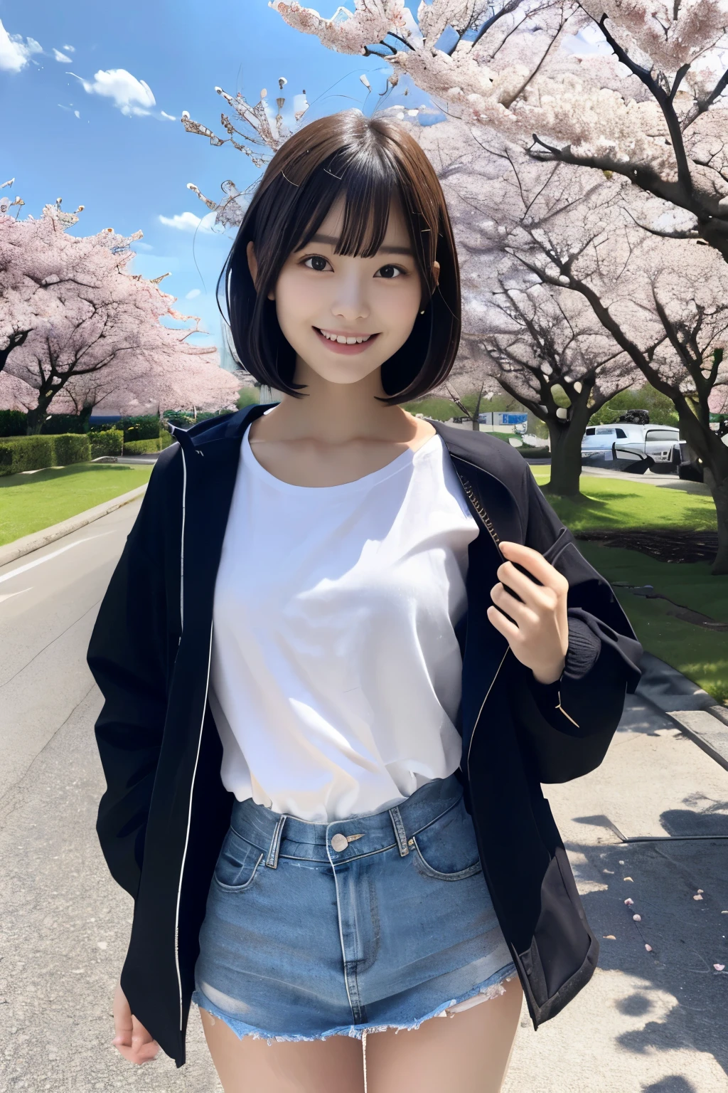 (Close-up of a short-haired girl with a slender  and blunt bangs in a jacket and shirt:1.5)、(dance with a smile、girl with hair fluttering in the wind :1.5)、(Blue sky and cherry blossoms in full bloom:1.5)、(perfect anatomy:1.3)、(no mask:1.3)、(full finger:1.3)、realistic、photo shoot、table top、highest quality、High resolution, delicate and beautiful、perfect face、detailed and beautiful eyes、Fair skin、real human skin、((thin legs))、(black hair)