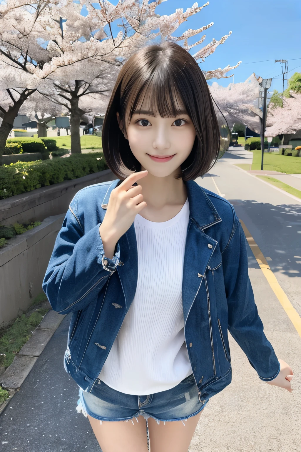 (Close-up of a short-haired girl with a slender and blunt bangs in a jacket and shirt:1.5)、(dance with a smile、girl with hair fluttering in the wind :1.5)、(Blue sky and cherry blossoms in full bloom:1.5)、(perfect anatomy:1.3)、(no mask:1.3)、(full finger:1.3)、realistic、photo shoot、table top、highest quality、High resolution, delicate and beautiful、perfect face、detailed and beautiful eyes、Fair skin、real human skin、((thin legs))、(black hair)