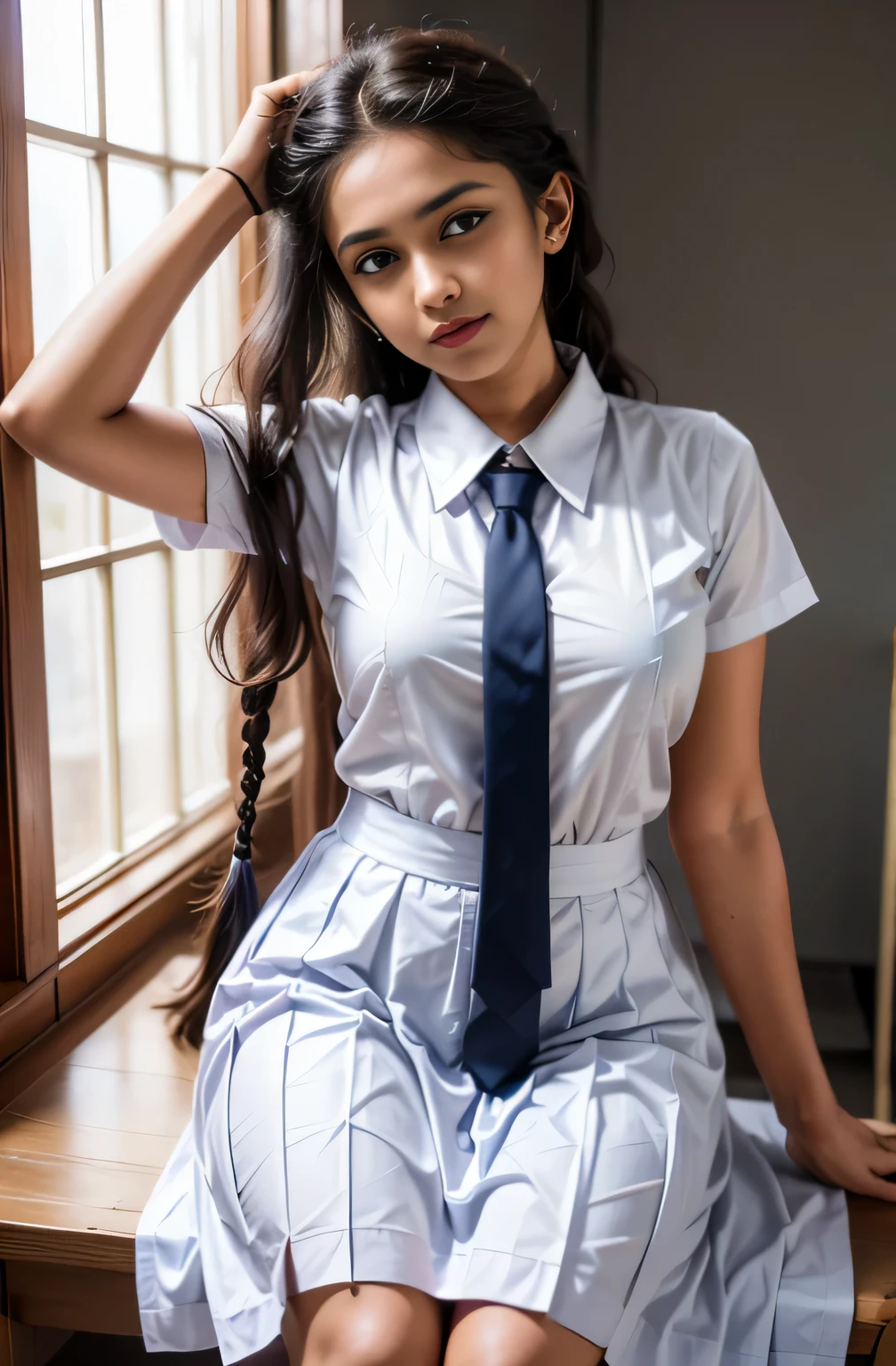 Raw photo , 1 girl  ,Wearing white frock and color tie, white shoes ,sri lanka teen school girl, with plait, big breasts, sexy , professional photographer, (hdr:1.4), masterpiece, ultra-realistic 8k, perfect artwork, intrincate details, cute face, award winning photograph, (Best quality, 8k, 32k, Masterpiece, UHD:1.3) ,