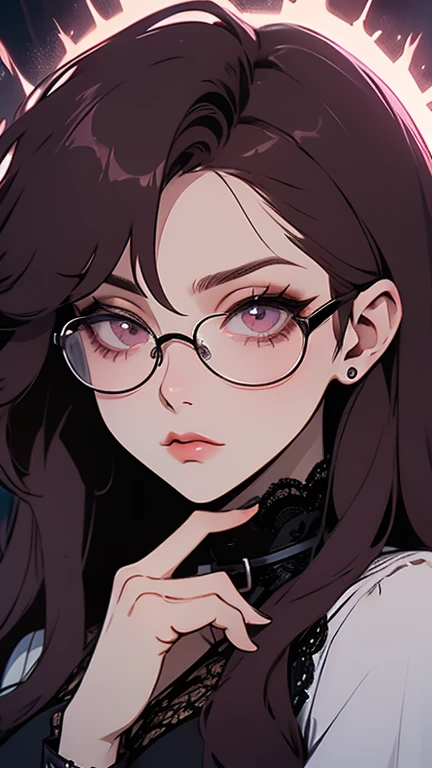Close-up of a woman with rosa hair wearing glasses, obra de arte en estilo retrato realista kawaii, inspirado en Seihiko-kun, glowing rosa face, rosa girl, hermoso retrato animado, rosa glasses, glowing rosa eye