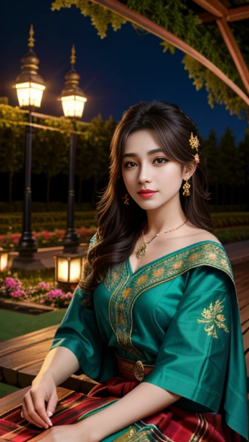(8k, masterpiece, best quality), ultra-detailed, detailed beautiful round eyes, beautifully detailed face, high quality, high resolution, 1 girl, medium breast, (Devine cloth:1.5), nighttime, night garden background