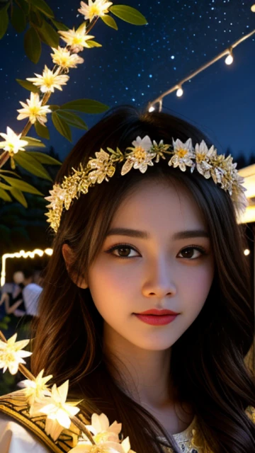 (8k, masterpiece, best quality), ultra-detailed, detailed beautiful round eyes, beautifully detailed face, high quality, high resolution, 1 girl, medium breast, (Devine cloth:1.5), nighttime, night garden background