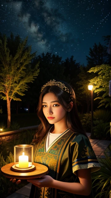 (8k, masterpiece, best quality), ultra-detailed, detailed beautiful round eyes, beautifully detailed face, high quality, high resolution, 1 girl, medium breast, (Devine cloth:1.5), nighttime, night garden background