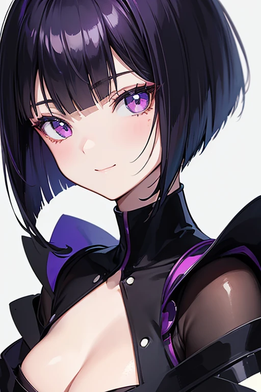 Anime-style portrait of a girl with a dark violet bob cut making eye contact with the camera, bright eyes, baby-faced, subtle smile, minimalistic background to emphasize character, high contrast, clean lines, digital painting, vivid colors