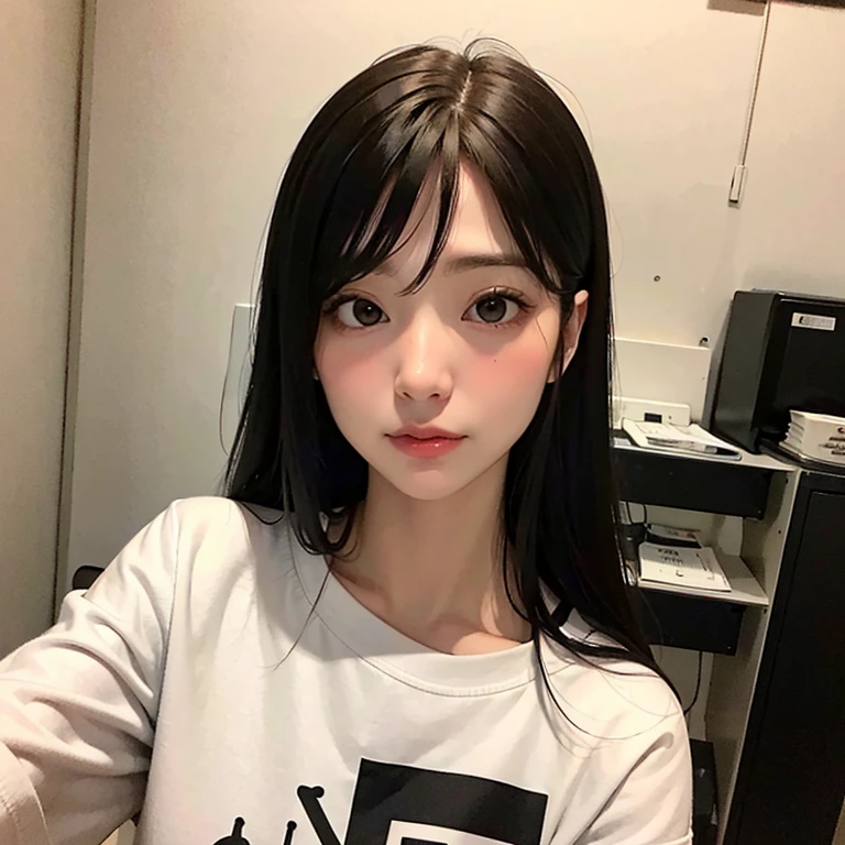 Japonesa seria con pelo negro largo con flequillo con ojos cafes