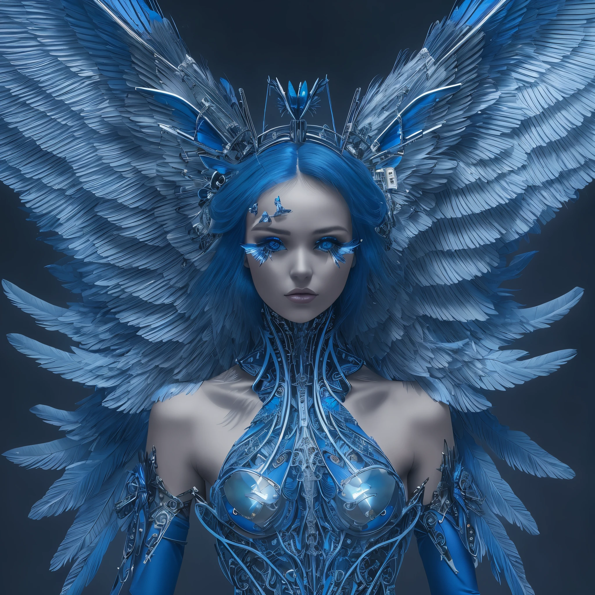 Close-up of a woman in a blue dress with wings, full body angel, futuristic robot angel, amazing angel wings, angel knight gothic girl, angel in plastic armor, intricate costume designs, As a mysterious Valkyrie, The whole body is made of blue feathers,, futuristic and fantastic, Blue wings, beautiful angel wings, steampunk angel, beautiful cyborg angel girl, graceful wings