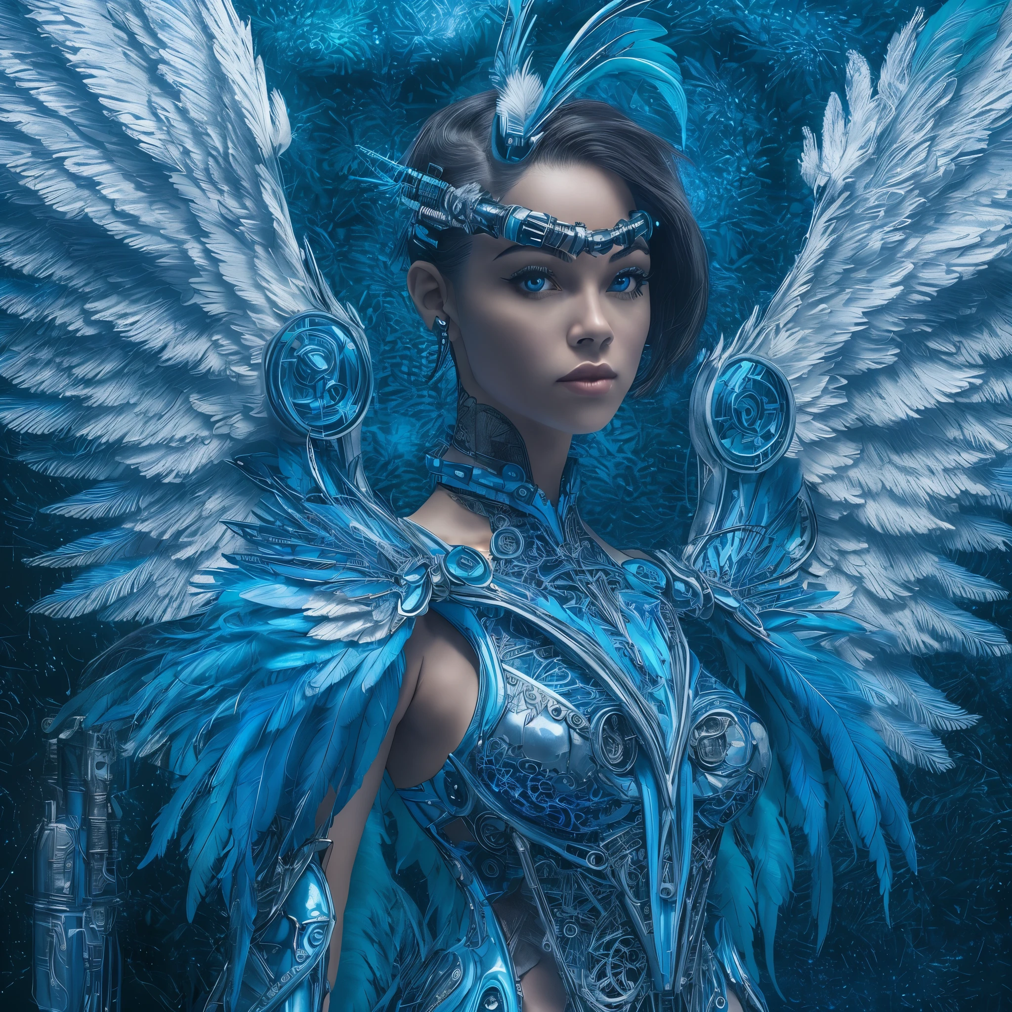 Close-up of a woman in a blue dress with wings, full body angel, futuristic robot angel, amazing angel wings, angel knight gothic girl, angel in plastic armor, intricate costume designs, As a mysterious Valkyrie, The whole body is made of blue feathers,, futuristic and fantastic, Blue wings, beautiful angel wings, steampunk angel, beautiful cyborg angel girl, graceful wings
