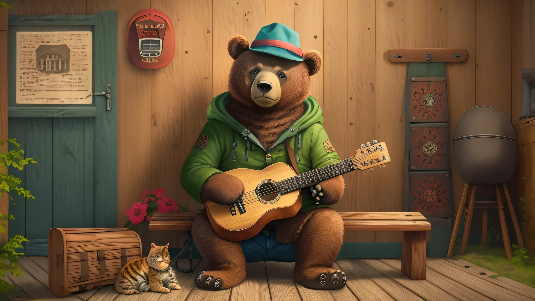 Bear wearing a hat and jacket. Wooden Russian house with platband and spade in the background、The bear is holding a Russian triangular guitar and looking straight into the camera.. smile. sitting on the bench. A cat sits at your feet. Style, Dima Aske.