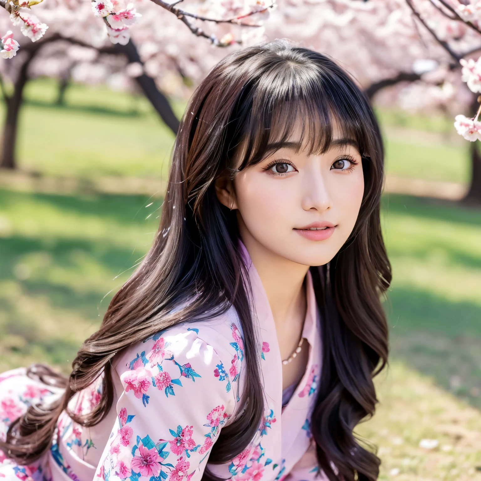 A gorgeous Asian looking girl with long black wavy hair, wearing a flowery aesthetic dress, sitting on the grass under a cherry blossom tree facing and posing for the camera. Holding a cherry blossom on her left hand and has a nameplate written in cursive "Leigh". sophisticated.