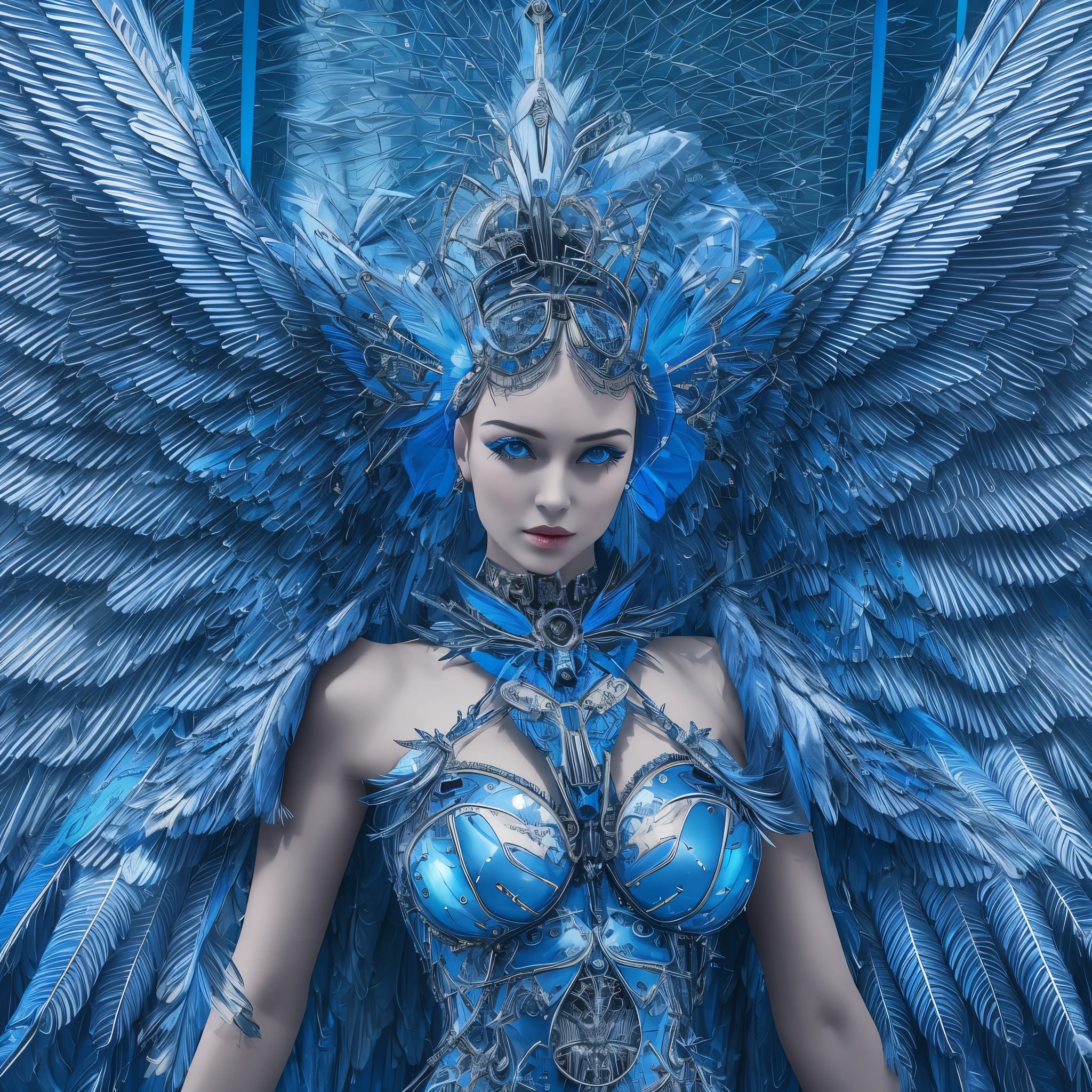 Close-up of a woman in a blue dress with wings, full body angel, futuristic robot angel, amazing angel wings, angel knight gothic girl, angel in plastic armor, intricate costume designs, As a mysterious Valkyrie, The whole body is made of blue feathers,, futuristic and fantastic, Blue wings, beautiful angel wings, steampunk angel, beautiful cyborg angel girl, graceful wings