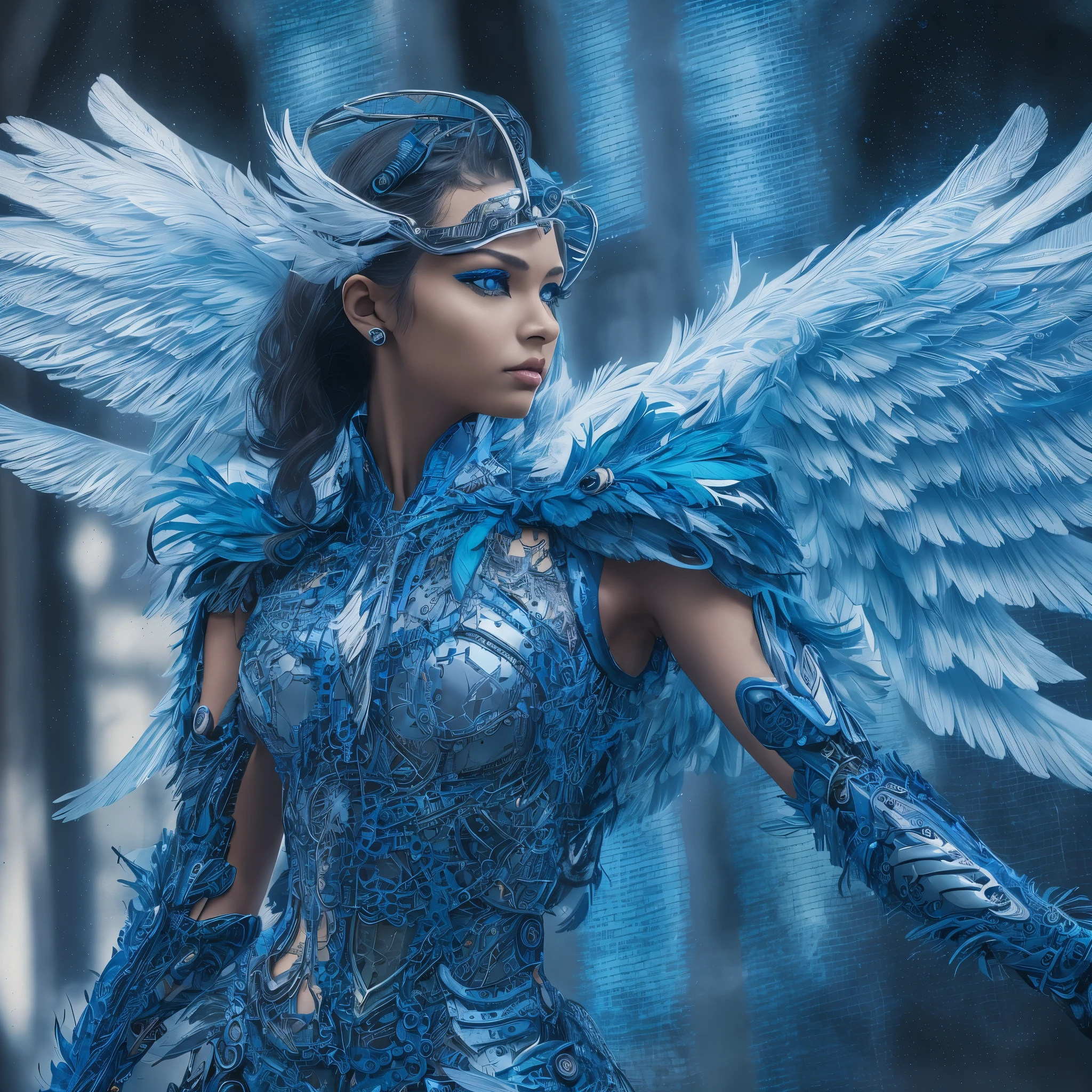 Close-up of a woman in a blue dress with wings, full body angel, futuristic robot angel, amazing angel wings, angel knight gothic girl, angel in plastic armor, intricate costume designs, As a mysterious Valkyrie, The whole body is made of blue feathers,, futuristic and fantastic, Blue wings, beautiful angel wings, steampunk angel, beautiful cyborg angel girl, graceful wings