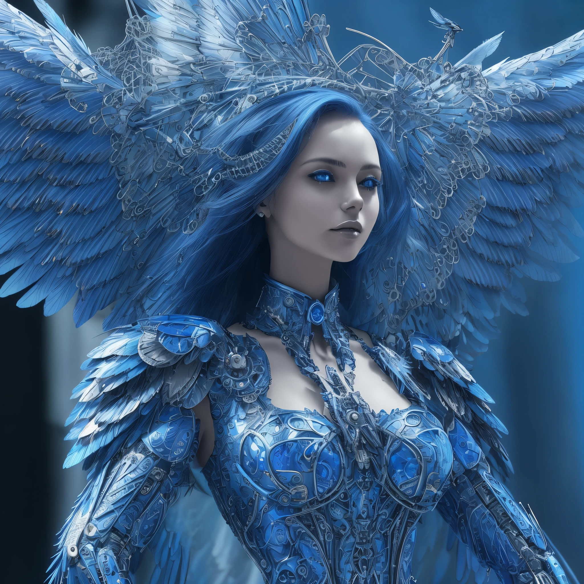 Close-up of a woman in a blue dress with wings, full body angel, futuristic robot angel, amazing angel wings, angel knight gothic girl, angel in plastic armor, intricate costume designs, As a mysterious Valkyrie, The whole body is made of blue feathers,, futuristic and fantastic, Blue wings, beautiful angel wings, steampunk angel, beautiful cyborg angel girl, graceful wings