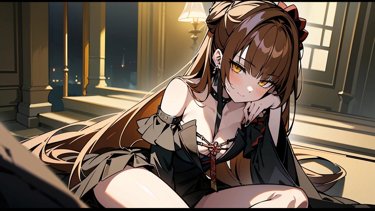 masterpiece, best quality, 1woman, Anime, darker environment, long hair, straight hair, enticing, night, dark, dark fantasy ruin hall, looking at viewer, solo, faint moonlight, enticing smile, close-up, sitting, seducing the viewer