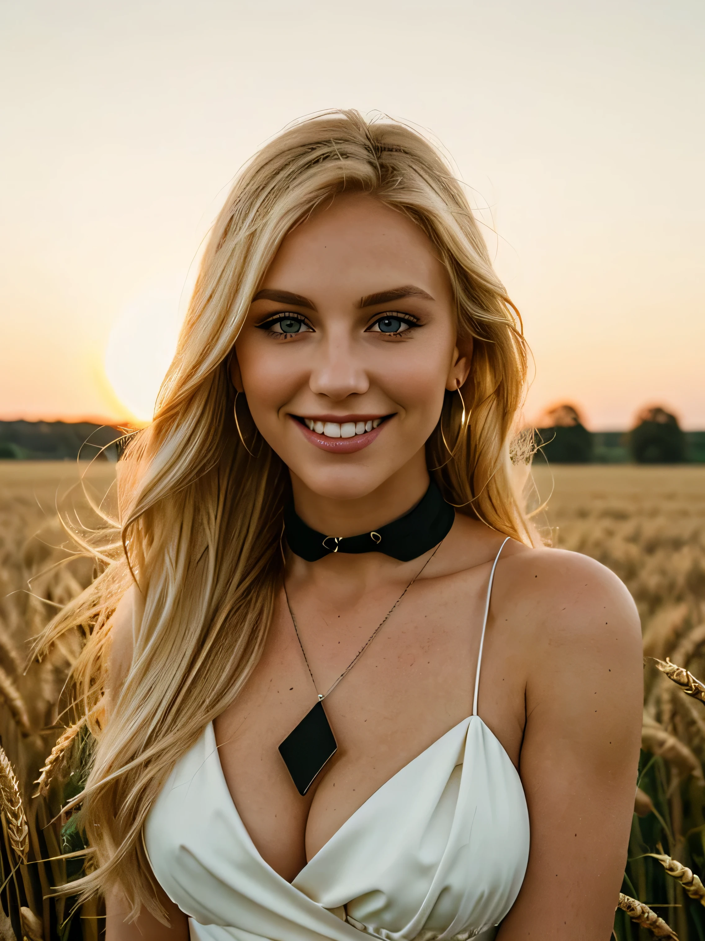 a closeup full cover body shot photo of a blonde with perfect eyes, smile, same face, same, outdoor, clear sky, cinematic light, seductive look, outside in field, hand on wheat, sunset, high quality,same face, hair color black
