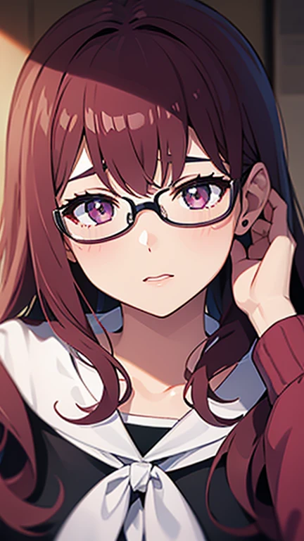 Close-up of a woman with rosa hair wearing glasses, obra de arte en estilo retrato realista kawaii, inspirado en Seihiko-kun, glowing rosa face, rosa girl, hermoso retrato animado, rosa glasses, glowing rosa eye