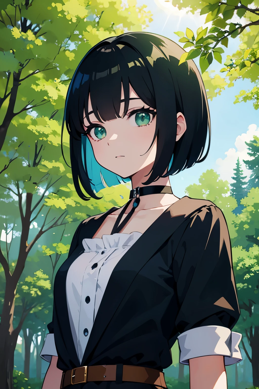 super beautiful , anime illustration、Nature、in the forest、blue sky、sunny、cinematic angle、 bangs、black short bob、cute girl、green eyes、choker around the neck、