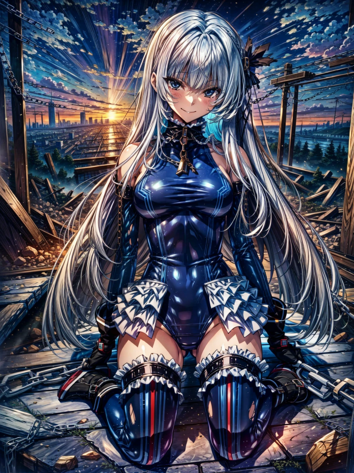 perfect anatomy, highest quality, marirose,evil smile,provocative attitude
,(Girls greet dawn on top of a pile of rubble:1.1),evil smile,anime style,(Torn frill swimsuit:1.5, Thighhighs, removed sleeve), (anime style:1.4) ,
silver hair,(White fingers:1.1,black gloves),very long hair,evil aura,Rape Eye,Torn costume:1.9,(Holding a collar with a chain:1.5)