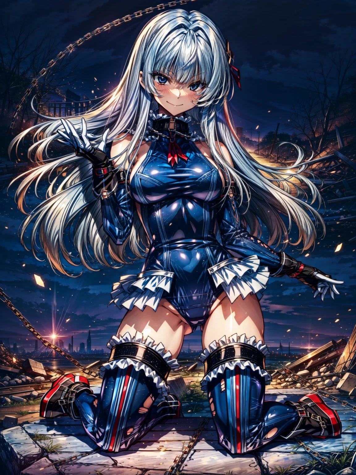 perfect anatomy, highest quality, marirose,evil smile,provocative attitude
,(Girls greet dawn on top of a pile of rubble:1.1),evil smile,anime style,(Torn frill swimsuit:1.5, Thighhighs, removed sleeve), (anime style:1.4) ,
silver hair,(White fingers:1.1,black gloves),very long hair,evil aura,Rape Eye,Torn costume:1.9,(Holding a collar with a chain:1.5)