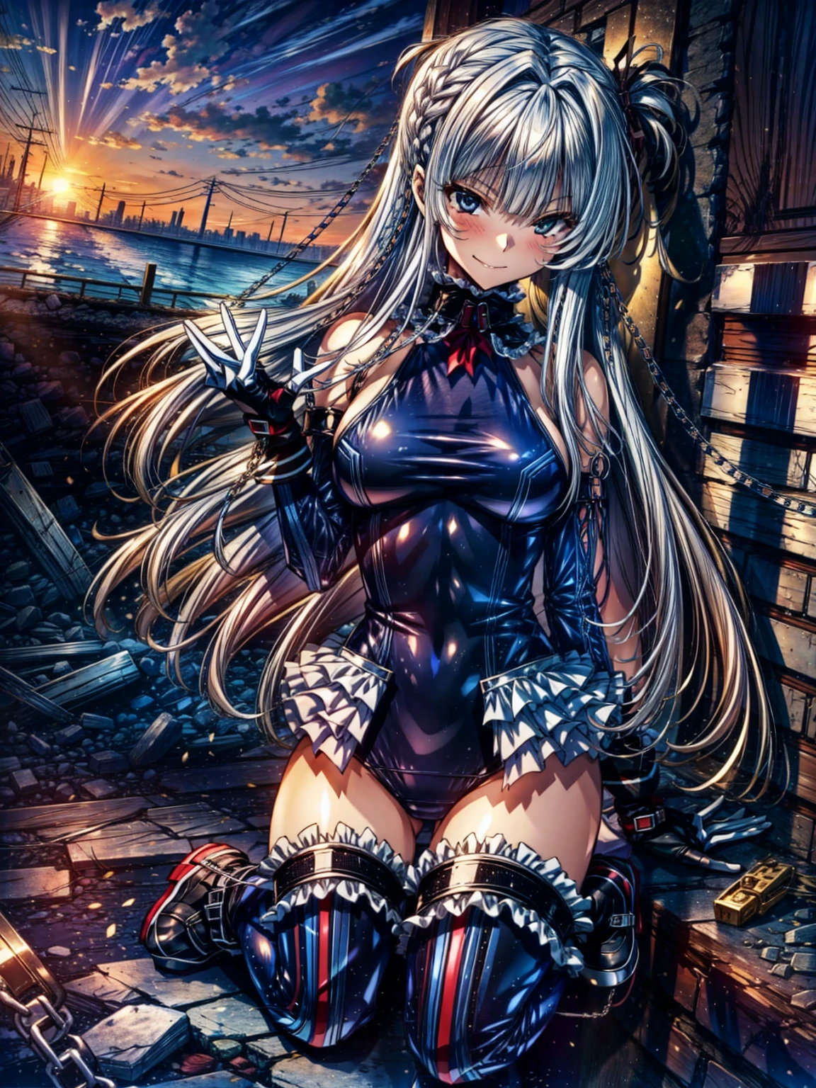 perfect anatomy, highest quality, marirose,evil smile,provocative attitude
,(Girls greet dawn on top of a pile of rubble:1.1),evil smile,anime style,(Torn frill swimsuit:1.5, Thighhighs, removed sleeve), (anime style:1.4) ,
silver hair,(White fingers:1.1,black gloves),very long hair,evil aura,Rape Eye,Torn costume:1.9,(Holding a collar with a chain:1.5)