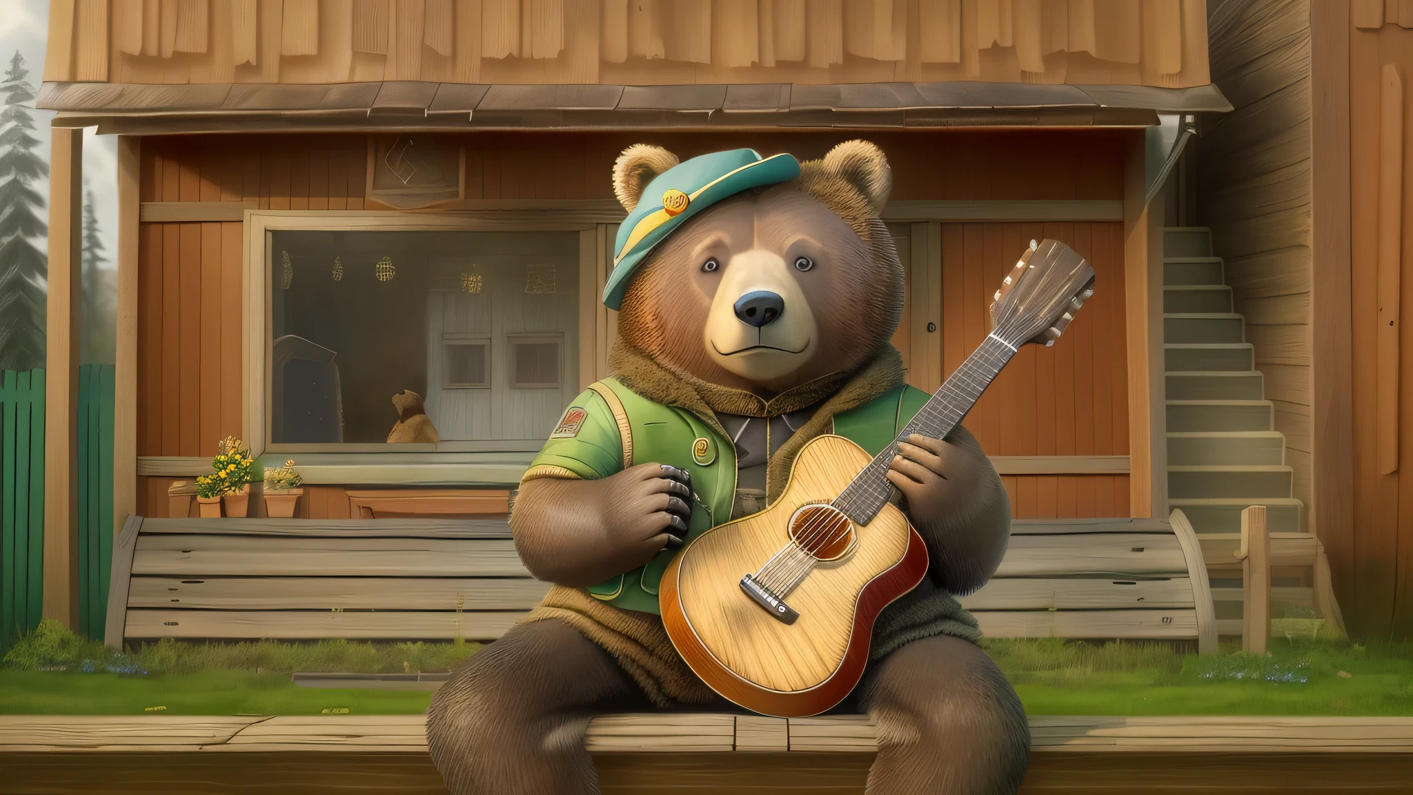Bear wearing a hat and jacket. Wooden Russian house with platband and spade in the background、The bear is holding a Russian triangular guitar and looking straight into the camera.. smile. sitting on the bench. A cat sits at your feet. Style, Dima Aske.