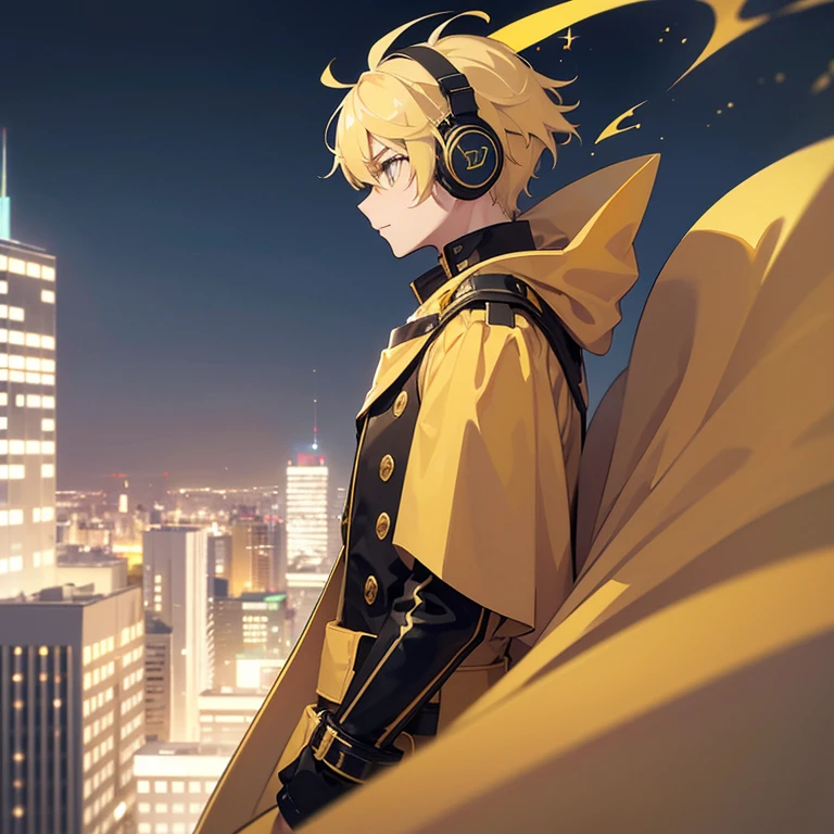 15 year old boy, beige yellow hair, Yellow sparkly eyes, cold expression, sideways view, wearing headphones on ears, on top of a tall rooftop building, staring to the distance, wearing a cape Primary Color: Yellow Secondary: Black & white, windy atmosphere, profile view