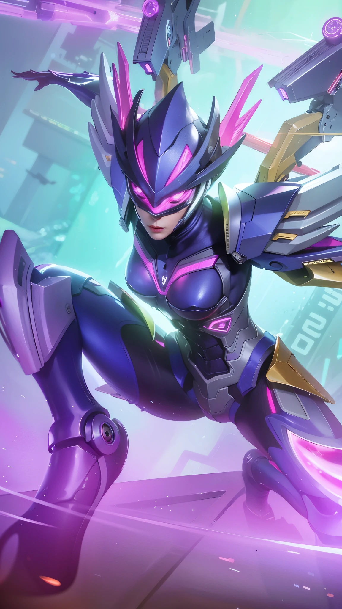 a close up woman of a robot with a purple and yellow costume, 8k, ultra hd, ultra detailed texture, hyper realistic, masterpiece, detailed texture, detailed face, detailed skin, detailed lighting, (photorealistic:1.5), best quality, beautiful lighting, cinematic lighting, professional lighting, ultra highres, realistic, detailed hair, real hair, high quality, (realskin:1.5), extremely detailed, finely detail, ultra-detailed.