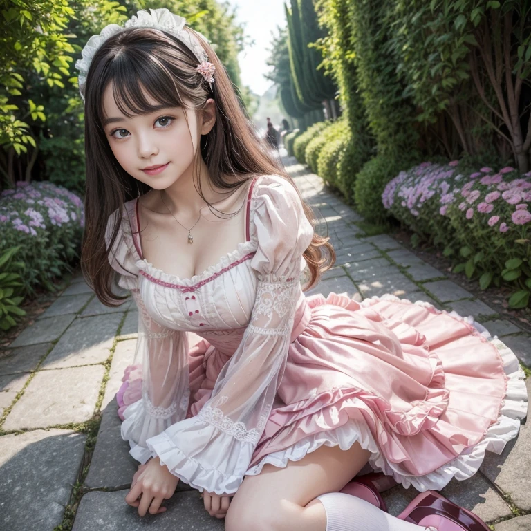 best quality, masterpiece, lifelike, 1 girl, alone, eternal, black hair, Long curly hair, blunt bangs, Smile, pink skirt, pink ta dress, layered skirt, Lolityle long skirt,Layered dress lace-trimmed skirt, decorate, lace, long sleeve, puff sleeves, wide sleeves, Transparent sleeves, hair accessories, in the flower garden, flower, Detailed background, delicate face,pink blush,white knee socks, Pink shoes,cold,Lots of lace,((masterpiece))、(top quality)、8K、high detail、super detailed、 21 years old female,wearing pink lolita d((dreamy atmosphere:1.1))、Seductive and whimsical style、masterpiece、born、Scenes resembling fairy tale illustrations、intricate details show the ruffles and intricate designs of the lolita gown、icious、 beautifully、Dream aesthetics、「𝓡𝓸𝓶𝓪𝓷𝓽𝓲𝓬、ethereal、charming、fickle、magic」、realism、Visual effect、FXAA、SSAO、shader、voiceless、ambient lighting、Tone mapping、High resolution、ultra high definition、megapixel、(8K resolution:1.10)、8K、8K resolution、high detail、intricate details、 (high quality:1.2、masterpiece:1.2、:1.21)、(21 years old female:1.21)、(Smile excitedly)、(Surrounded by the dreamy atmosphere of an amusement par color lolita dress、Hers were full of surprise and joy、I took a lot of geek photos、High heel、Model diagram,full-body shot,Knee-high white的 lace socks,Sweet Lolita,Normal 2 feetk shoes,Baotou shoes,full-body shot,don't expose your fingers,Emphasize the volume of the skirt,exposed,huge breasts,The skirt flew up,Low-cut nudity,hair accessories,big skirt dress,If you shoot from a certain angle you can see my panties,The skirt floated up