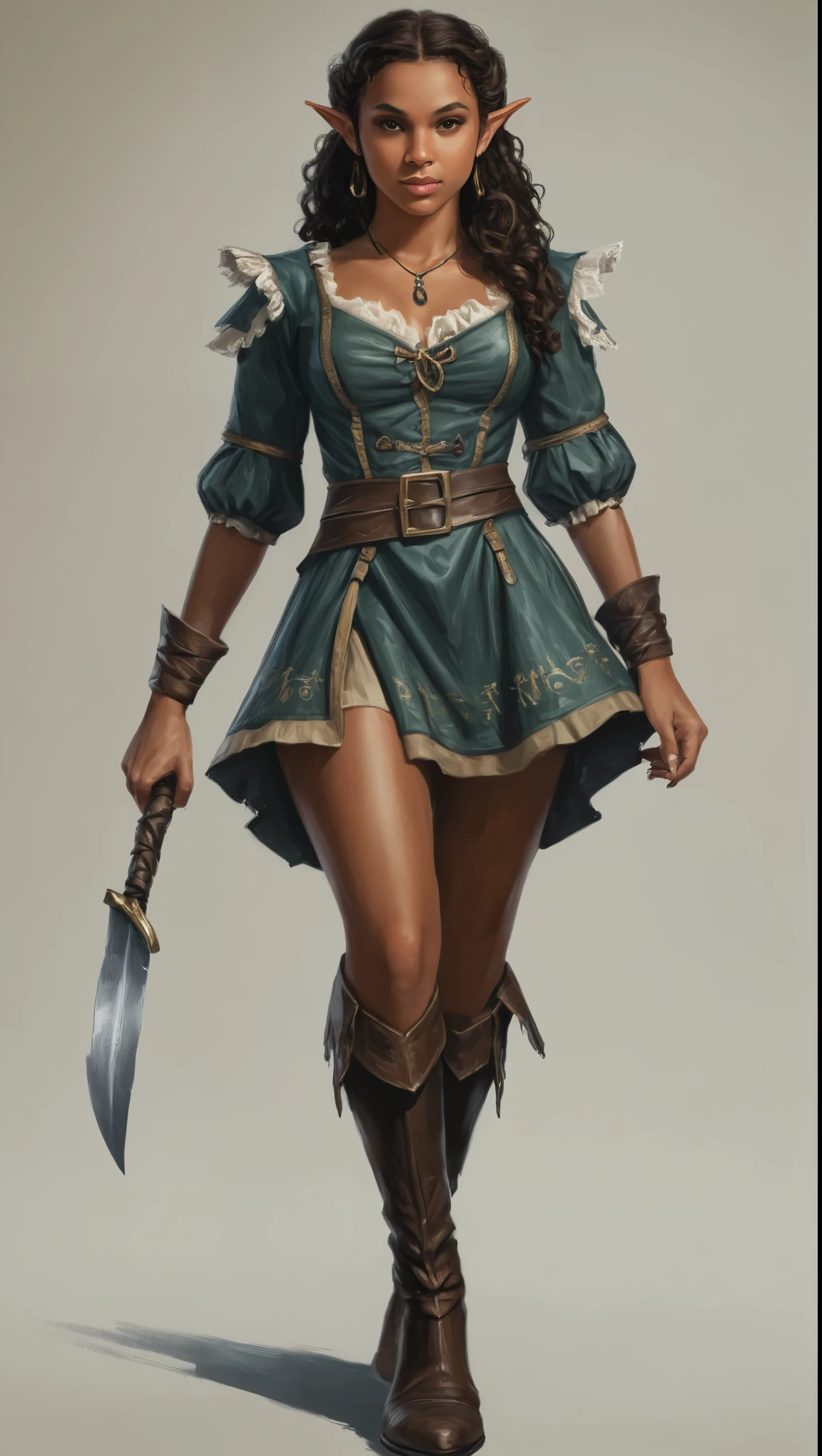 An illustrated movie poster, hand-drawn, full color, a age elven girl, wearing a pirate blouse and knee-high boots, resembles Brookliyn Wren, brown complexion, very tall, athletic body, hourglass figure, curvy, toned midriff, bottom-heavy, generous hips, massive bubble-butt, long legs, ridiculously thick powerful thighs, golden brown eyes, long pointy elf ears, dark hair, long coily curls, posing on a pedestal, wet glistening skin, hard shadows, graphite shading, stencil marks, airbrushed acrylic paint, masterpiece, in the style of Skyrim