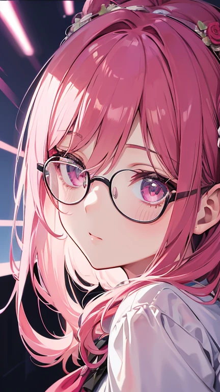 Close-up of a woman with rosa hair wearing glasses, obra de arte en estilo retrato realista kawaii, inspirado en Seihiko-kun, glowing rosa face, rosa girl, hermoso retrato animado, rosa glasses, glowing rosa eye