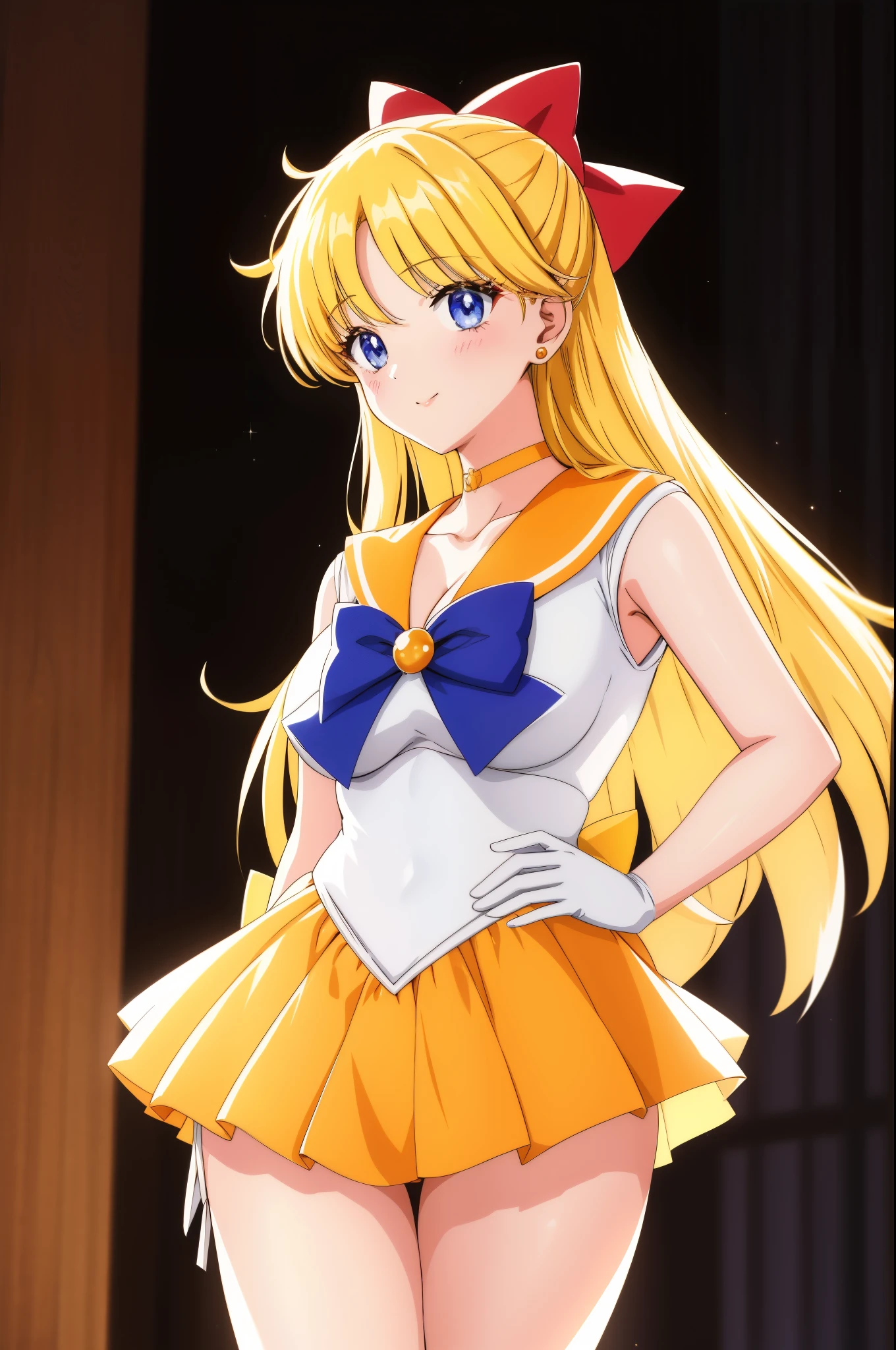 highest quality anime art、masterpiece、high definition anime art、4Kアニメアートstyle、High resolution、sailor warrior uniform、anime aunt、mature woman、annual increase、mature woman、woman in her 40ILF、Minako Aino、Orange choker、golden choker、white gloves、long gloves、sailor venus、bow、skirt、solo、A woman with very long blonde hair、orange sailor collar、Gold sailor collar、purple bow tie、orange skirt、golden skirt、Magical girl、back_bow、blue eyed woman、red_bow、jewelry、A golden circlet on the forehead、earrings、red_hair_bow、white leotard、high leg leotard、white dresini skirt、pleated skirt、smile、half up hair、rating:safe、a woman is standing、ass_visible_through_thighs、cowboy shot、rating:questionable、Leo Chira、looking_at_viewer、woman with very large breasts、big breasts、cleavage、violet_bow_tie、black_background、blue_background、shiny、mini skirt、pleated skirt、yellow_back_bow、collarbone、bangs、bare shoulders、bare legs、(1990s\(style\):0.9)、