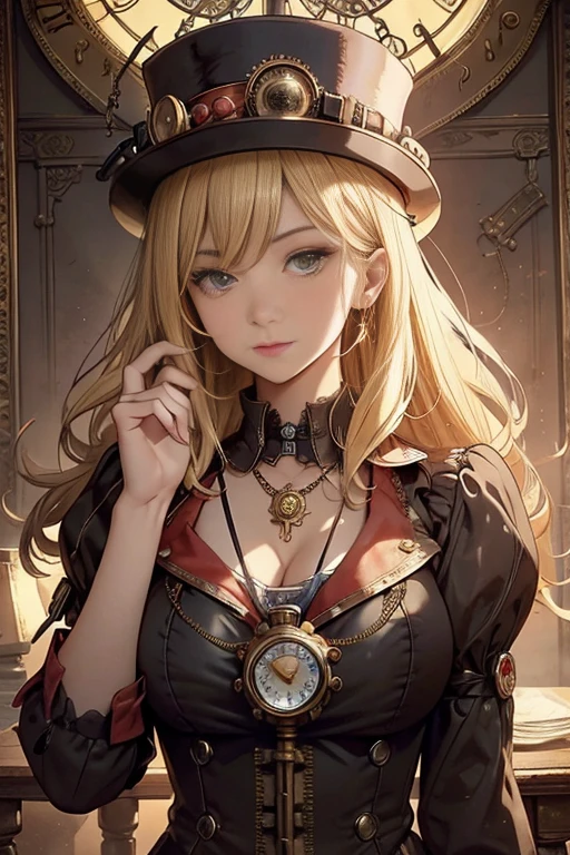 close-up, straight hair blonde short curly  girl the little red hat, clock on necklace, (Victorian era), ((steampunk)), cinematography, worked, elegant, meticulous, magnificent, maximum detail, extremely hyper-aesthetic, intricately detailed, lots of gears, old town background